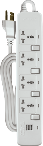 4 Gang Intl Outlet + 2 USB Charger w/ Individual Switches - White