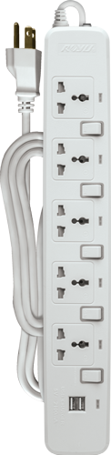 5 Gang Intl Outlet + 2 USB Charger w/ Individual Switches - White