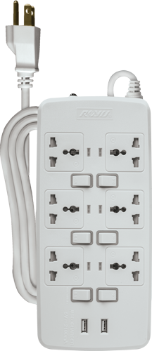 6 Gang Intl Outlet + 2 USB Charger w/ Individual Switches - White